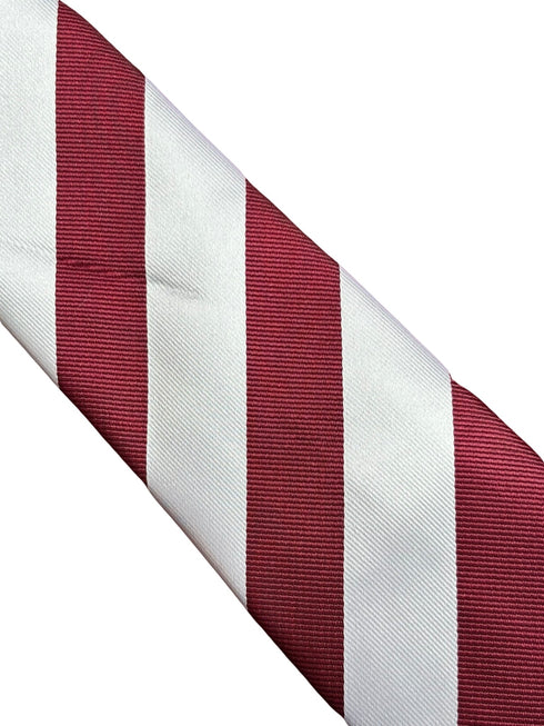 maroon and  white barber stripe tie